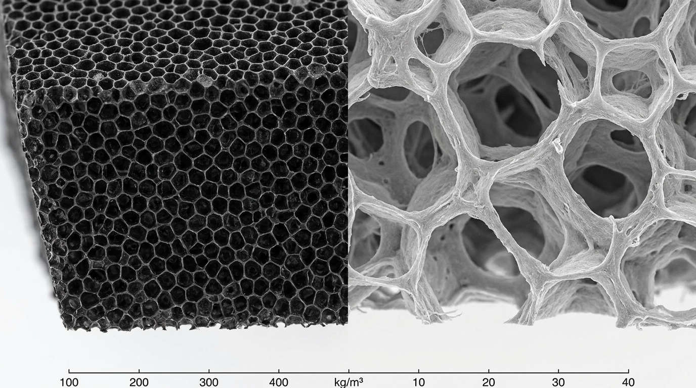 Macro comparison of high-density closed cell EPDM foam vs low-density open cell PE foam structure