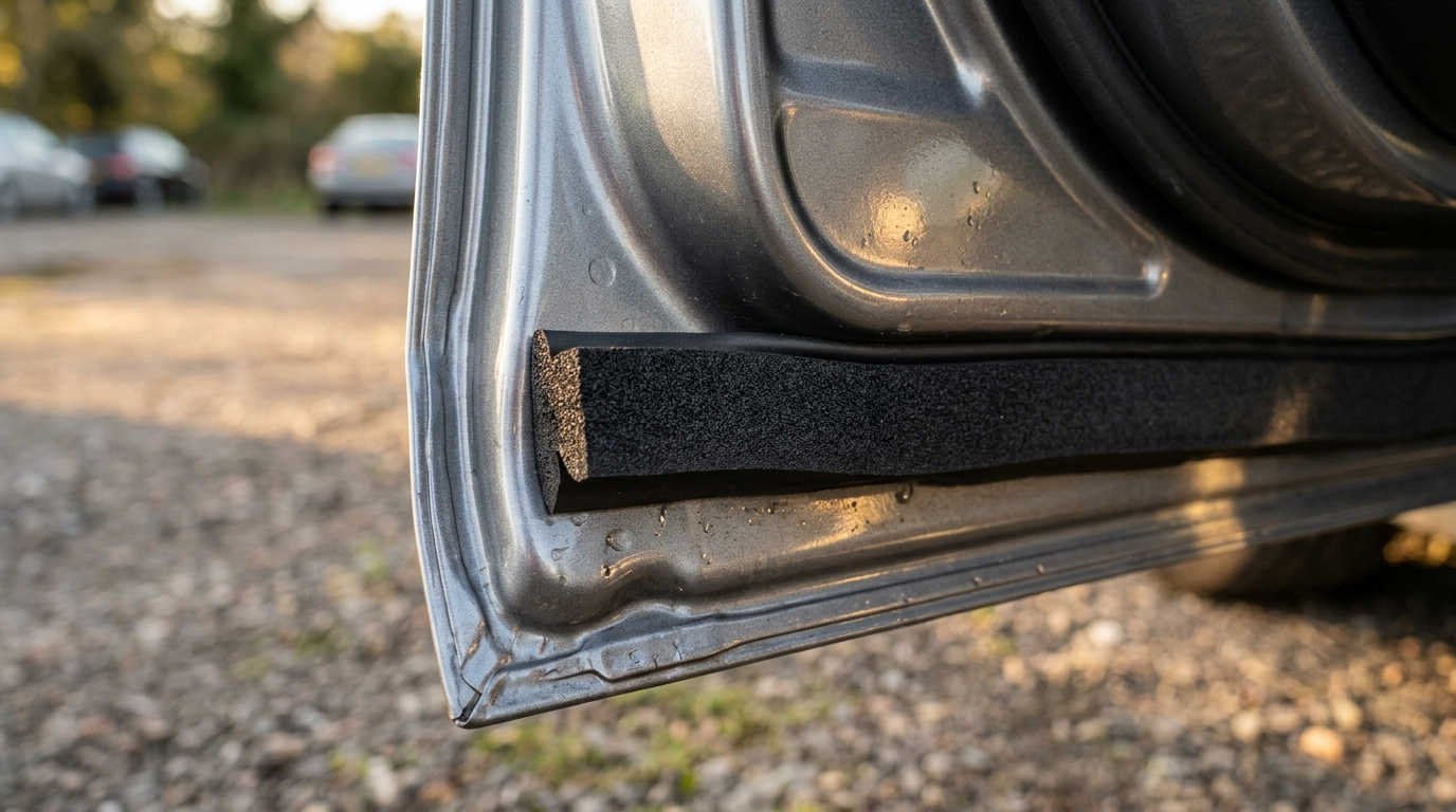 High-density EPDM foam gasket installed on automotive door for weather sealing